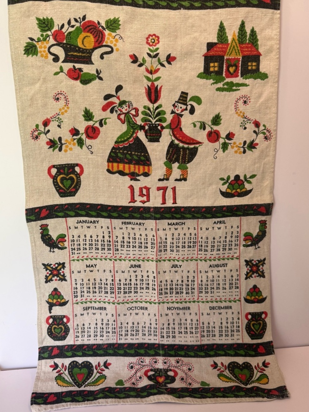 Vintage 1971 Folk Art Calendar Towel with Red, Green, Black Accents Retro